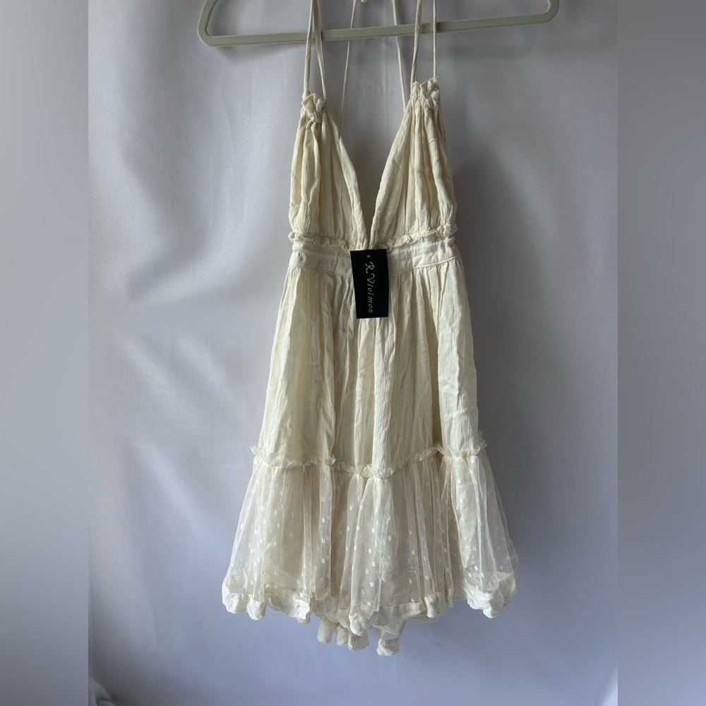 Cream Halter Flowy Sun Dress with Polka Dot Overlay - Picture 3 of 5